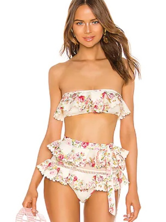 Zimmermann Other - Zimmermann Floral Ruffle Bandeau Bikini in Cream and Pink
